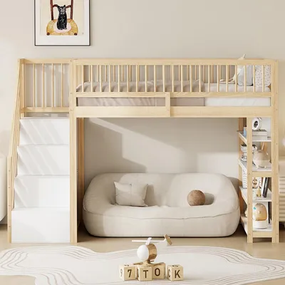 Produktbild von Hochbett, mit Kleiderschrank, Regalen, Massivholzbett, 90 x 200
