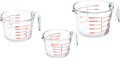 Produktbild von Relaxdays Messbecher Set, 3-teilig, Glasmessbecher 250 ml, 500 ml, 1l, hitzebeständig, mikrowellengeeignet, transparent