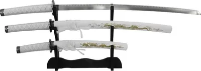Produktbild von 3-tlg. Deko Samurai Set White Dragon, Katana, Wakizashi, Tanto mit Ständer