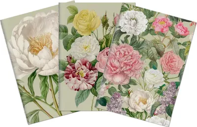 Produktbild von Ein Set aus drei Notizbüchern mit dem Motiv "Pfingstrosen und Rosen"
