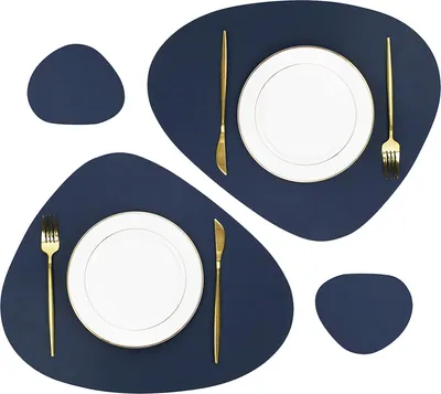 Produktbild von Leder Ovale Tischsets und Untersetzer 4er-Pack, abwischbare, rutschfeste, waschbare Tischsets, Esstischmatten für Zuhause (Marineblau, 2 Tischsets + 2 Untersetzer