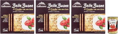 Produktbild von Galbusera BELLEBUONE, Cracker mit Hafer und Sonnenblumenkernen, Chia und Kürbis, 3x 200g + Italian Gourmet polpa 400g