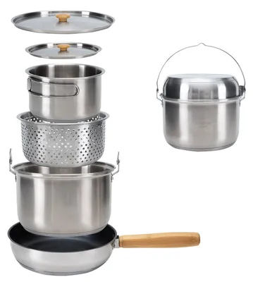 Image de Batterie de cuisine en acier inoxydable pour camping, ensemble de 4 pièces comprenant une poêle et une passoire, pour 4 personnes, compatible avec les plaques à induction