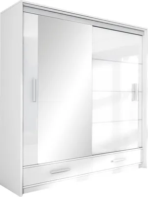 Produktbild von Furniture24 Kleiderschrank MARSYLIA 203 Schlafzimmer 2 Türiger Schwebetürenschrank Schrank mit 2 Kleiderstangen 6 Einlegeboden und Spiegel Schiebetür Weiß/Weiß Glanz