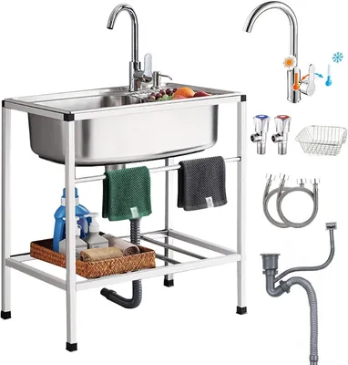 Produktbild von Edelstahl-Küchenspüle mit Einzelbecken und Wasserhahn, freistehendes Waschbecken für Garage, Restaurant und Außenbereich