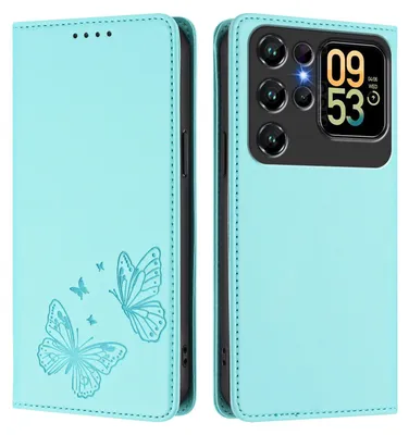 Image de Étui en cuir pour Oukitel C62 / C62 Pro, motif papillon, étui portefeuille à rabat avec support, vert menthe