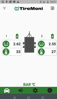 A screenshot of a tire pressure monitoring app showing pressure and temperature readings for two tires.