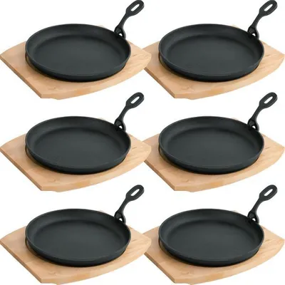 Produktbild von 6x WAS Germany Servierpfanne mit Holzuntersetzer und abnehmbarem Serviergriff Ø 22 cm Gusseisen