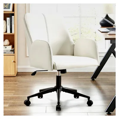 Produktbild von Ergonomischer Bürostuhl aus Kunstleder für Homeoffice, Drehstuhl mit gepolsterten Armlehnen, höhenverstellbar und neigbar für Büro und Schlafzimmer, Weiß