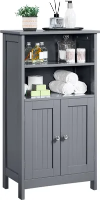 A dark gray bathroom cabinet with two doors and adjustable shelves, filled with various bathroom accessories.