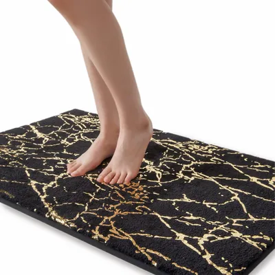 Produktbild von Rutschfeste, waschbare Badematte, schwarze Badematte, goldene Dekomatte, s Badezimmeraccessoire, weiche Mikrofaser, saugfähige Badematte für Bad und Badewanne, 60 x 90 cm