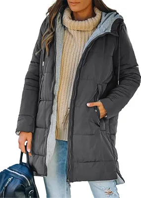 Produktbild von ASKSA Damen Wintermantel Lang Daunenmantel Steppmantel Jacke Einfarbige Winter Warm Reissverschluss Daunenjacke mit Kapuze (Dunkelgrau,M)