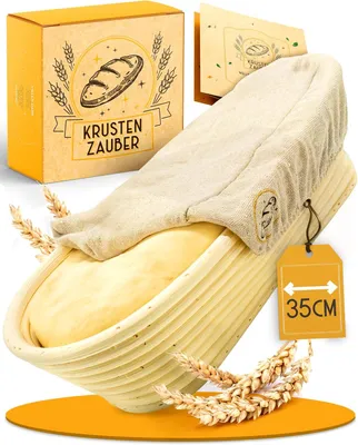 Produktbild von KRUSTENZAUBER Gärkörbchen zum Brotbacken oval 35cm - Ovaler Gärkorb aus Rattan mit Gärtuch - Brot Backen Zubehör, Brotkorb, Brotbackform