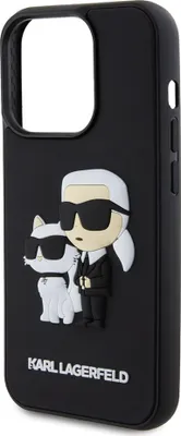 A black iPhone case with a 3D design of Karl Lagerfeld and his cat Choupette.
