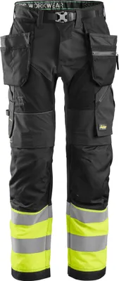 Produktbild von Snickers FlexiWork Hi-Vis Arbeitshose m. Holstertaschen, Kl. 1, EN 14404, 20471 Schwarz-HV-Gelb-44