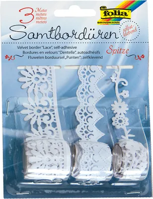Produktbild von folia Samtbordüren "Spitze" selbstklebend weiß 3 Rollen à 1 m