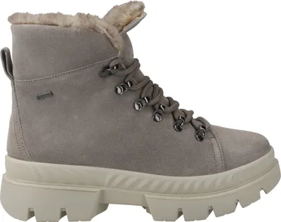 A single grey winter boot with fur lining and a thick sole is shown against a white background.