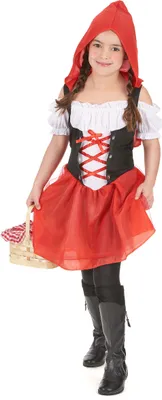 A young girl dressed as Little Red Riding Hood, holding a basket.