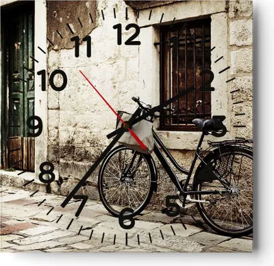 Produktbild von Wanduhr - Quadrat - Glasuhr - Straße Fahrrad Stadt Ruinen - 30x30cm - Schleichendes Uhrwerk - Lautlos - zum Aufhängen bereit - Dekoration Modern - Wanddekoration aus Glas - C4AC30x30-2667