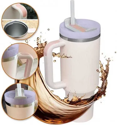 Image de Grand mug thermo avec poignée et paille, 1L, rose poudré