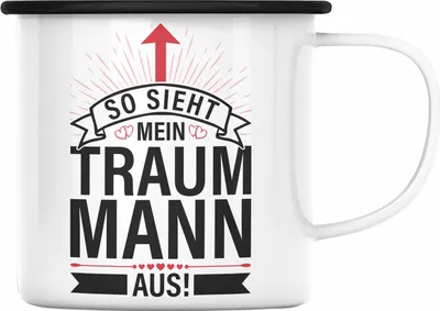 Produktbild von Trendation - Lustige Emaille Tasse Valentinstag Spruch Geschenk für Freund Ich Denke Deine Freundin Zu Sein Ist Geschenk Genug Emaille Emaille Tasse Traummann (Schwarz)