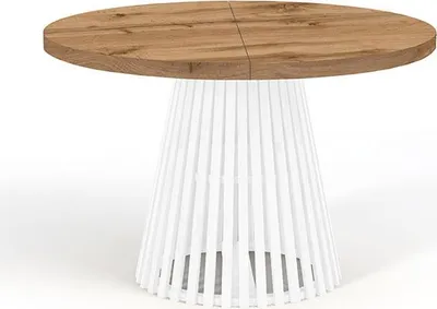 Produktbild von Runder Ausziehbarer Tisch für Esszimmer, DOVER - Industrial/Loft Still mit Lamellenbeine, Durchmesser: 90 / 140 cm, Farbe: Eiche Wotan / Weiß