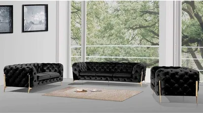 Produktbild von S-STYLE MÖBEL - Chesterfield Polstergarnitur 3+2+1 Nova mit Goldene Metall Füßen aus Schwarz Samtstoff, B/T/H: 3er - 243 cm/ 100 cm/ 75 cm