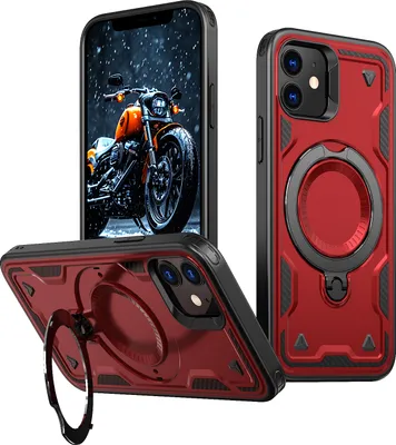 Produktbild von Dual Layer Hülle für iPhone 12/iPhone 12 Pro Metall Ring Ständer Magnetisch Stoßfest Militär Handyhülle Rot