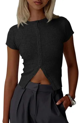 Produktbild von Kurzarm-Cardigan für Damen, Rippstrick, schmale Passform,Größe:L