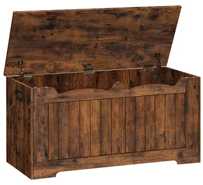 Image de Coffre de rangement - Banc avec couvercle rabattable - 2 charnières de sécurité - 100 cm - Bois - Marron rouille - Pour l'entrée