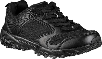 A black athletic shoe is shown against a white background.