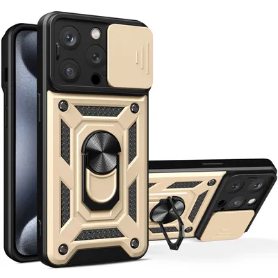 Obrázek produktu pro Pouzdro pro iPhone 15 Pro Max, TPU Nárazník Silikonové Pouzdro s Kroužkem Stojánek, Ochrana Kamery Zlato