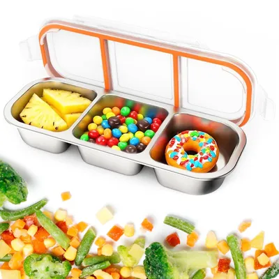 Produktbild von Bento-Box, Snackbox mit auslaufsicheren Deckeln, Edelstahl-Snackbox mit 3 Fächern für Salate und Snacks, wiederverwendbare Snackboxen für Schule, Arbeit und Reisen.