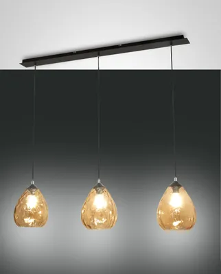 Produktbild von Gisella Pendelleuchte aus bernsteinfarbenem Glas mit Metallrahmen, E27 3x60W Fassung, elegantes Design für den Innenbereich, Schutzart IP20