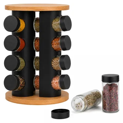 Produktbild von Relaxdays Gewürzkarussell, 16 Gläser, 360° drehbarer Gewürzständer, HD: 27x19,5 cm, Bambus & Edelstahl, natur/schwarz