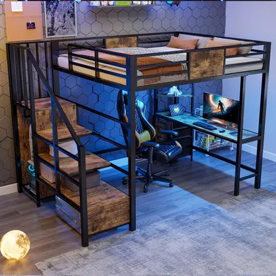 Produktbild von okwish Hochbett 140×200 mit LED und Kleiderstange, Jugendbett mit Schreibtisch und Steckdose, Einzelbett in Schwarz,ohne Matratze