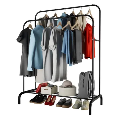 Produktbild von Metall Kleiderständer 145 x 110 x 55 cm Schwarz mit 2 Kleiderstangen Schuhablage bis 40 kg Traglast Kleider Stange