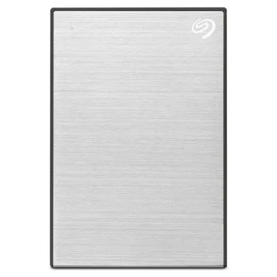 A silver external hard drive is shown against a white background.