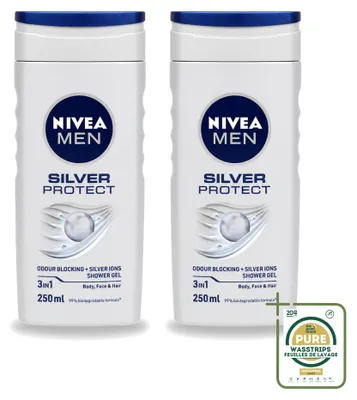Image de 2 x Gel douche 3-en-1 Nivea Men Silver Protect - 250 ml - Pack économique - 2 pièces