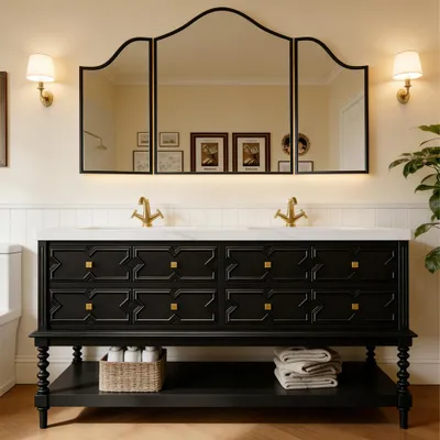 Produktbild von Freistehendes Sinterstein Waschbecken Set, Badezimmer Waschtisch Set,Spiegelschrank, Modernes Badmöbel Set, mit Armaturenloch Schwarz 130*55cm /DJLSH/