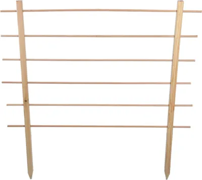 A wooden plant trellis is shown against a white background.