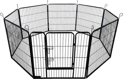 A black metal pet playpen with a gate, shown from a slightly elevated angle against a white background.