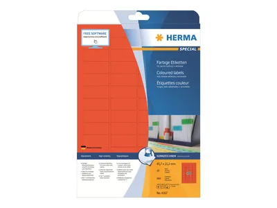 Obrázek produktu pro HERMA 4367, Červená, Samolepicí štítek, A4, Papír, Laserová/inkoustová tiskárna, Vyjímatelná