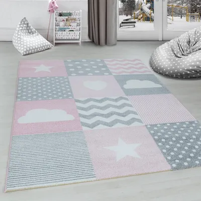 Produktbild von Karierter Teppich fürs Kinderzimmer mit Wolken- und Sternenmuster, grau, rosa und weiß 160 x 230 cm