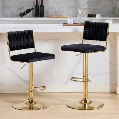 Immagine prodotto di Set di 2 sgabelli da bar, girevoli, con altezza regolabile, rivestiti in velluto, schienale intrecciato, poggiapiedi, colore nero