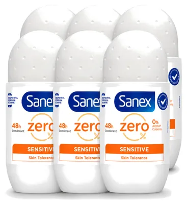 Produktbild von 6 x Sanex Zero% Sensitive Deodorant Roller - ohne Alkohol und Parabene - 50 ml - Vorteilspackung - 6 Stücke