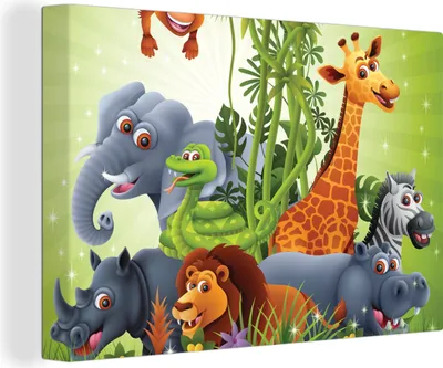 Produktbild von MuchoWow® - Leinwandbilder - Dschungeltiere - Pflanzen - Kinder - Elefant - Giraffe - Löwe, Wandbild, Wanddeko Bilder Wohnzimmer, 90x60 cm