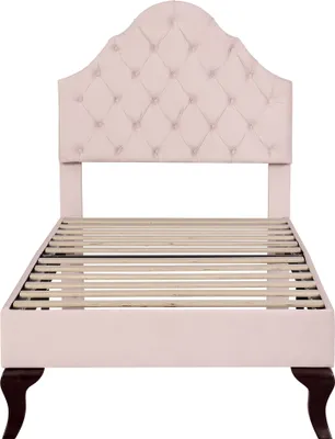Produktbild von Flieks Polsterbett Einzelbett 90x200cm Jugendbett mit Lattenrost und muschelförmigem Kopfteil, Massivholzbett Kinderbett Samt, Rosa