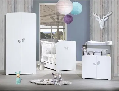 Produktbild von Babyzimmer Set Leaf, 120x60 cm Bett, Wickelkommode, Kleiderschrank, Babyprice, Weiß