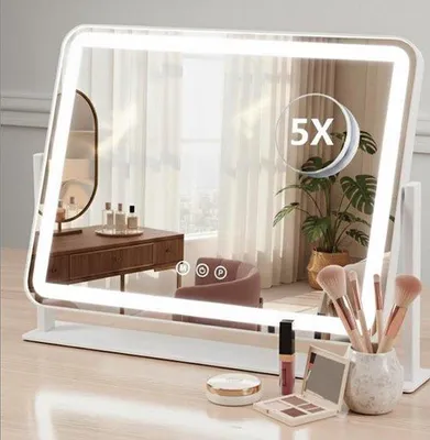 Productafbeelding van OMNIEXA Hollywood Spiegel 40x30cm Compact – Vierzijdige LED Strip – 3 Lichtkleuren – Dimbaar – Roteerbaar – Auto-off – Make Up Spiegel – Visagie Spieg